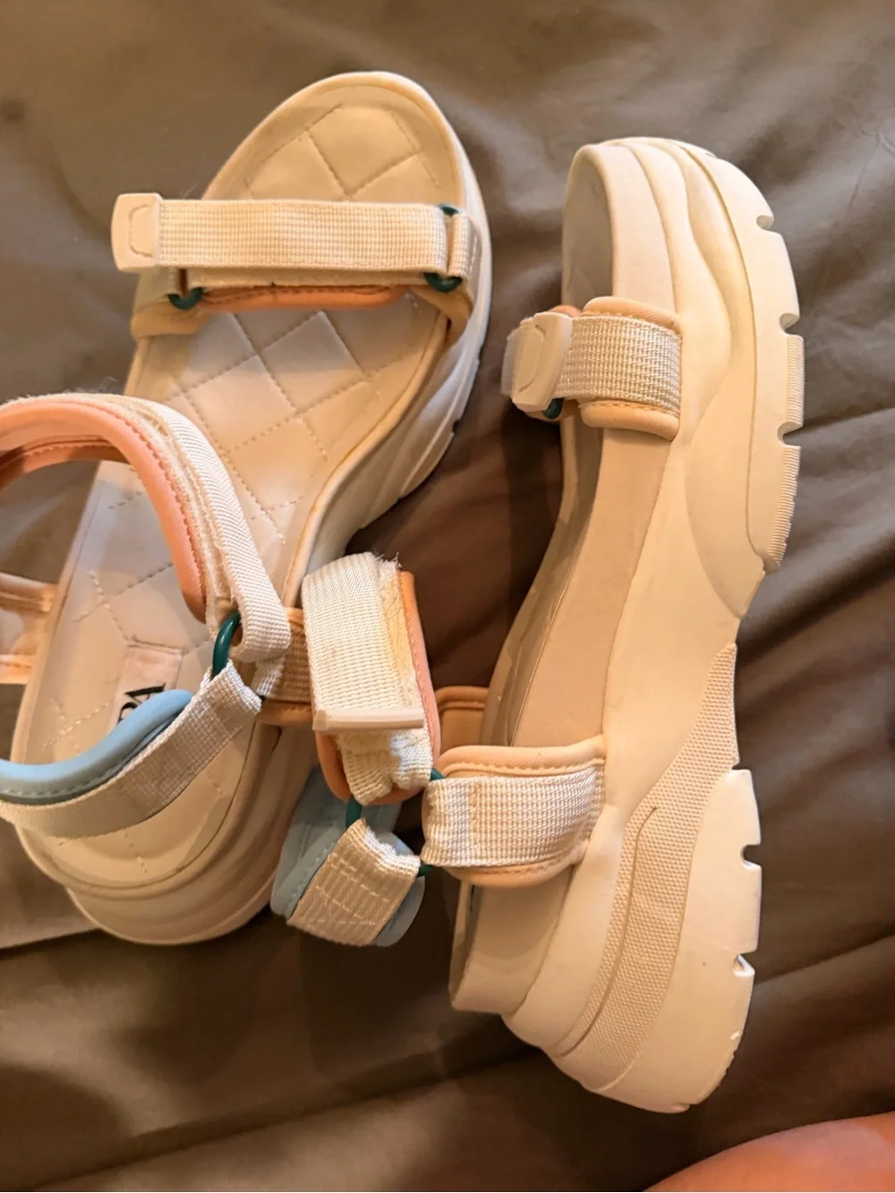 Zara Cream Platform Sport Sandals with Pink and Light Blue Accents